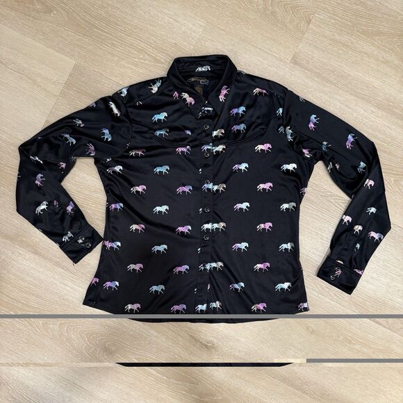 Wrangler Tops - Wrangler Western Shirt Snap Buttons Hologram Horse Print Womens Sz M Black Satin